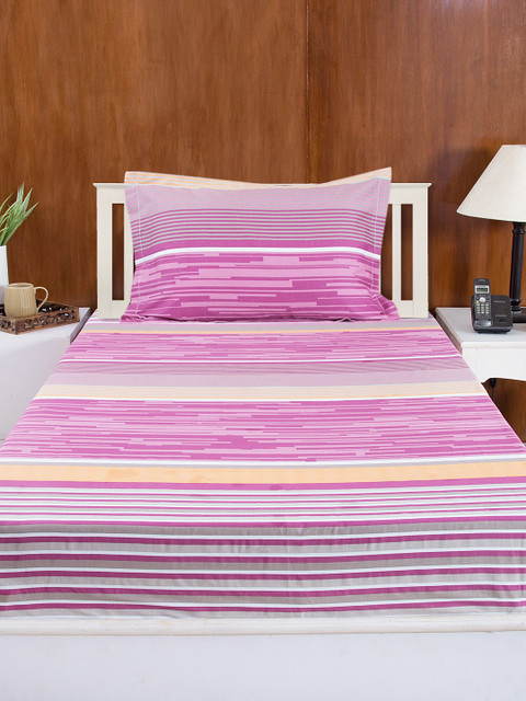 

House This Pink Striped 210 TC Fine Cotton Single Bedsheet with 1 Pillow Cover