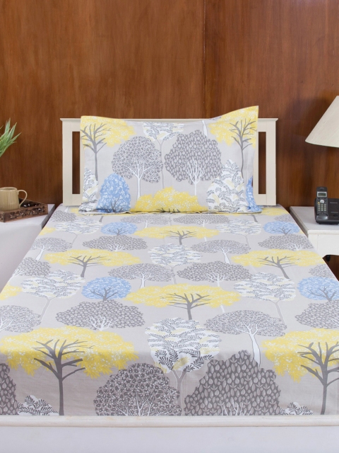 

House This Grey & Yellow Cotton 210 TC Fine Single Bedsheet with 1 Pillow Cover