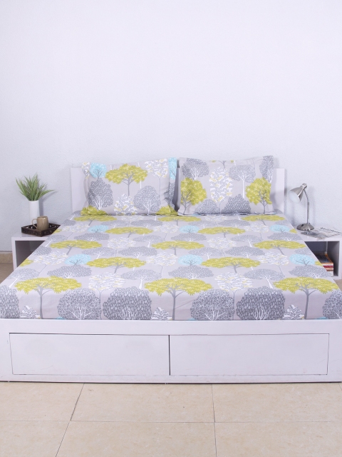 

House This Grey & Yellow Cotton 210 TC Fine Double Queen Bedsheet with 2 Pillow Covers