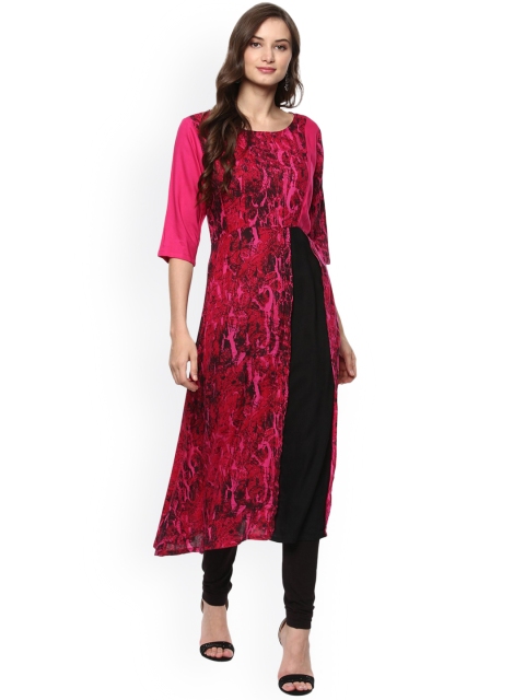 

Pannkh Women Pink & Black Printed A-Line Kurta