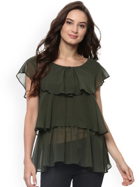 

Pannkh Women Olive Green Solid A-Line Layered Top