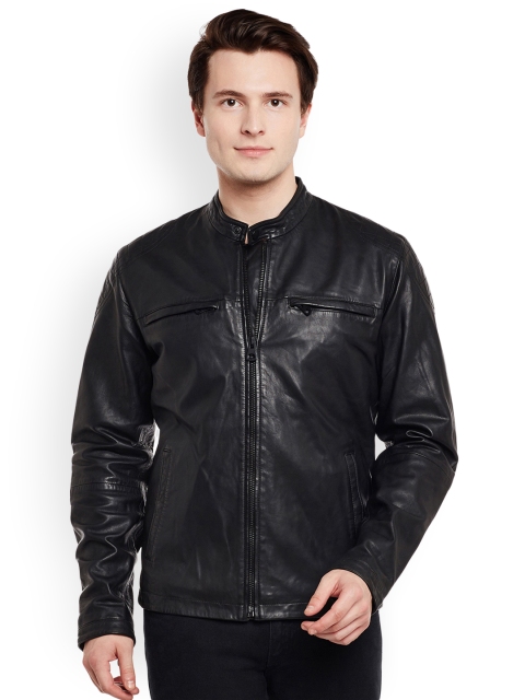 

Justanned Men Black Solid Leather Jacket