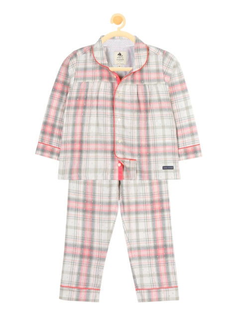 

Cherry Crumble Girls Off-White & Pink Checked Night Suit
