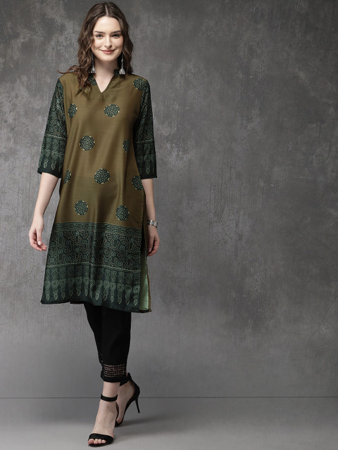 

Anouk Women Olive Green Printed A-Line Kurta