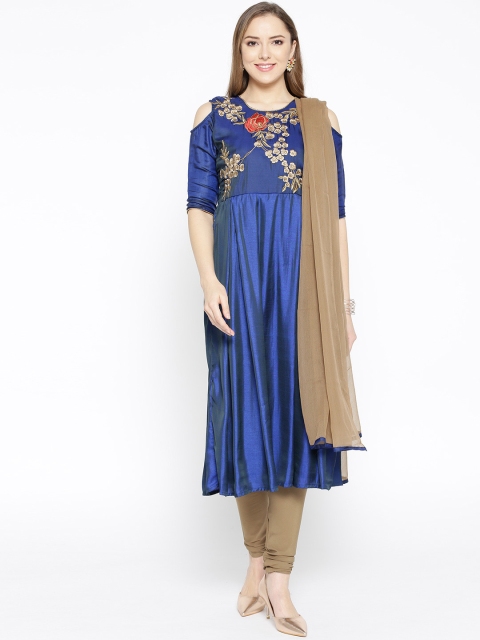 

Anouk Women Navy Blue & Taupe Yoke Design Kurta with Churidar & Dupatta