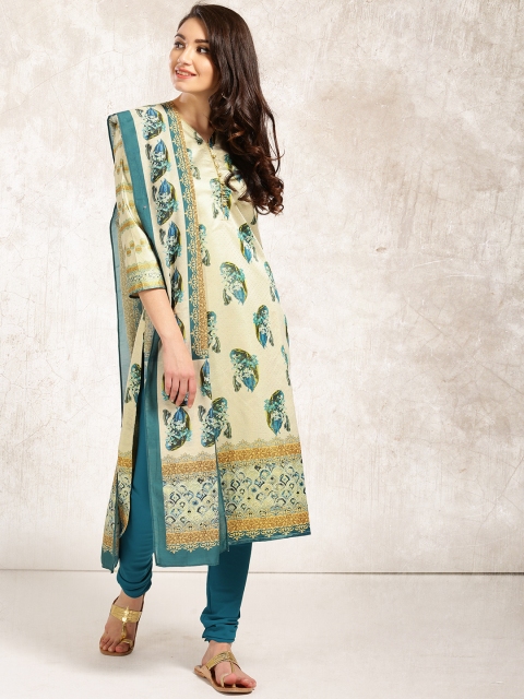 

Anouk Women Cream-Coloured & Teal Blue Printed Kurta with Churidar & Dupatta