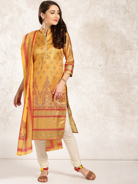 

Anouk Women Mustard Yellow & Beige Printed Kurta with Churidar & Dupatta