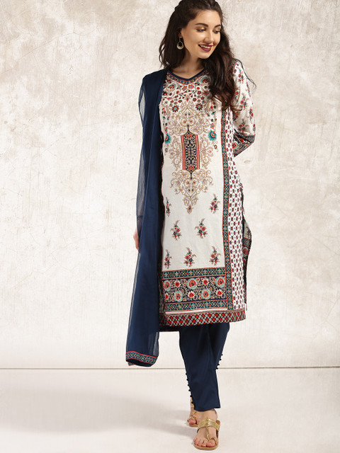 

Anouk Women Off-White & Navy Blue Printed Kurta with Trousers & Dupatta