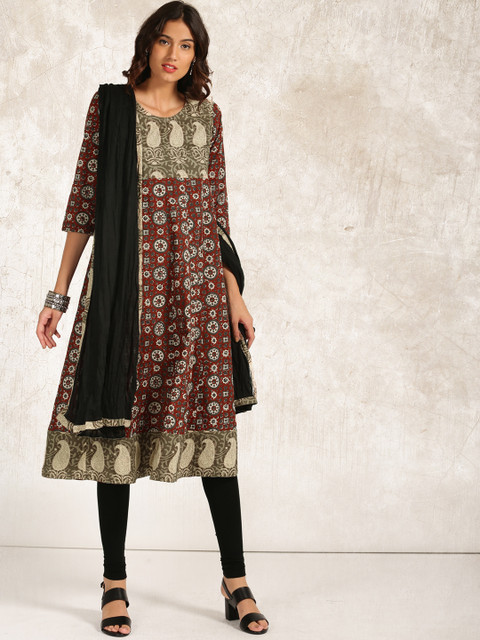 

Anouk Women Maroon & Black Printed Kurta with Churidar & Dupatta