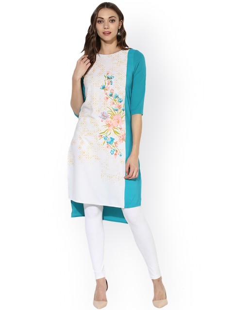 

Juniper Women White & Blue Printed Straight Kurta