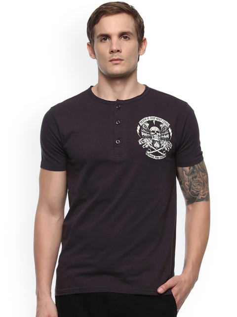 

PUNK Men Charcoal Printed Henley Neck T-shirt