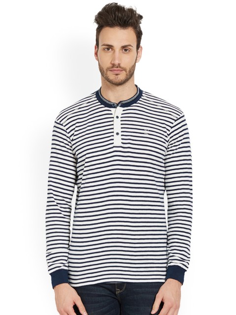 

SPYKAR Men Blue Striped Henley Neck T-shirt