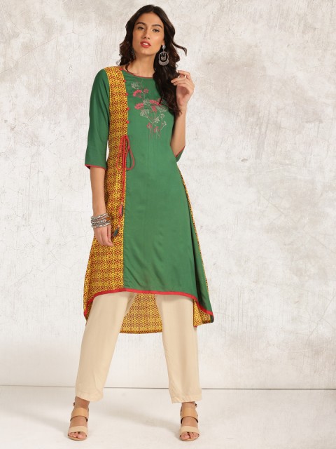 

Anouk Women Green & Yellow Printed High-Low Hem A-Line Kurta
