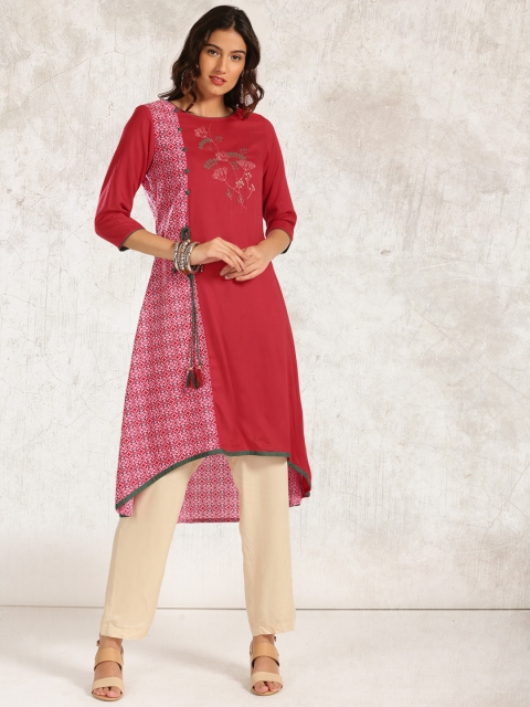 

Anouk Women Pink & Red Printed High-Low Hem A-Line Kurta