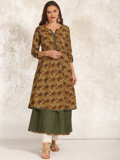 

Anouk Women Mustard Yellow Printed A-Line Layered Kurta