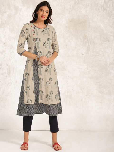 

Anouk Women Beige & Navy Blue Printed Layered A-Line Kurta