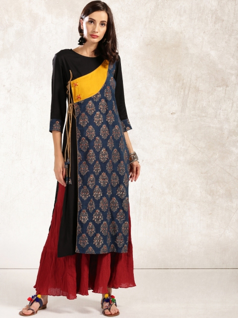 

Anouk Women Navy & Black Printed Angrakha Kurta, Navy blue