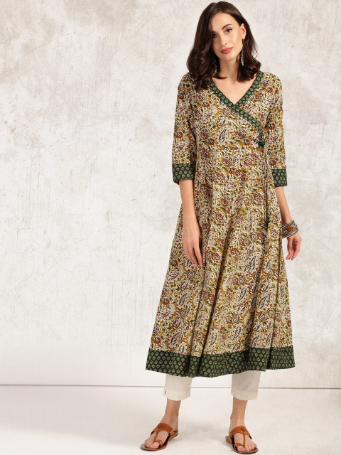 

Anouk Women Mustard Yellow & Green Printed Anarkali Angrakha Kurta