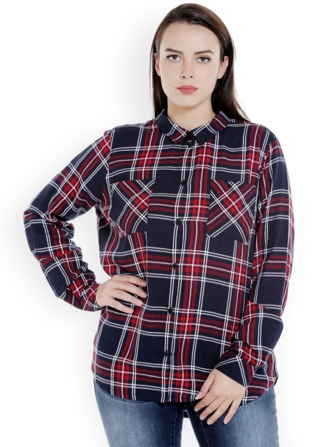 

JUNAROSE Plus Size Women Navy Blue Red Checked Casual Shirt