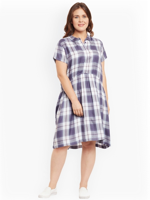 

JUNAROSE Plus Size Women Blue Checked Shirt Dress