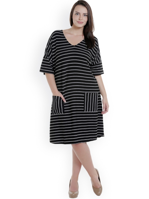 

JUNAROSE Plus Size Women Black Striped A-Line Dress