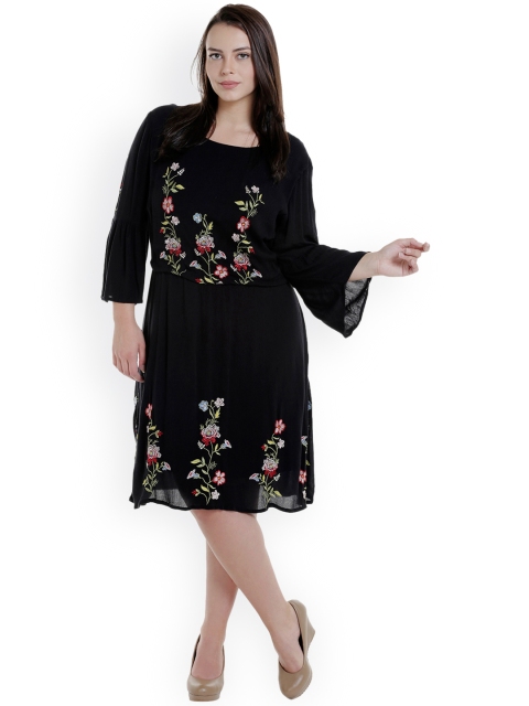 

JUNAROSE Plus Size Women Black Embroidered Blouson Dress