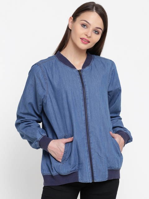

JUNAROSE Plus Size Women Blue Solid Bomber Jacket