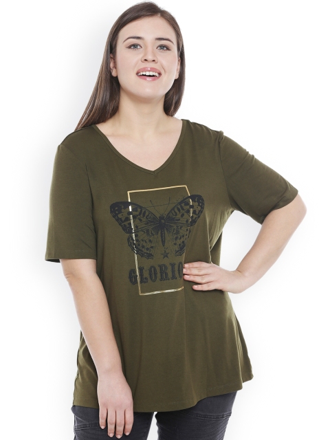 

JUNAROSE Plus Size Women Green Printed V-Neck T-shirt