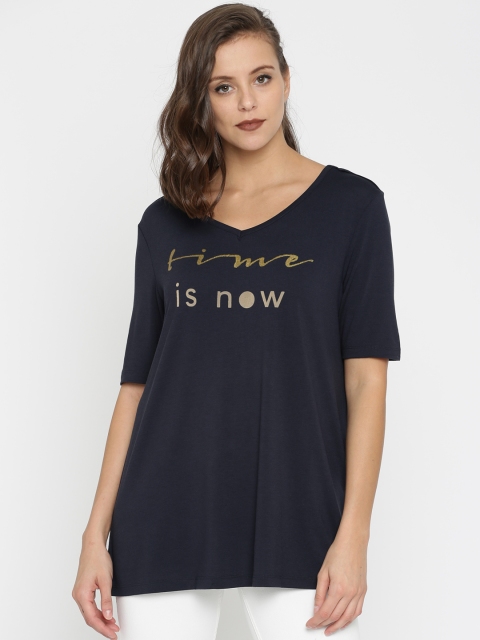 

JUNAROSE Plus Size Women Navy Blue Printed V-Neck T-Shirt