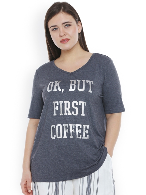 

JUNAROSE Plus Size Women Grey Printed V-Neck T-shirt