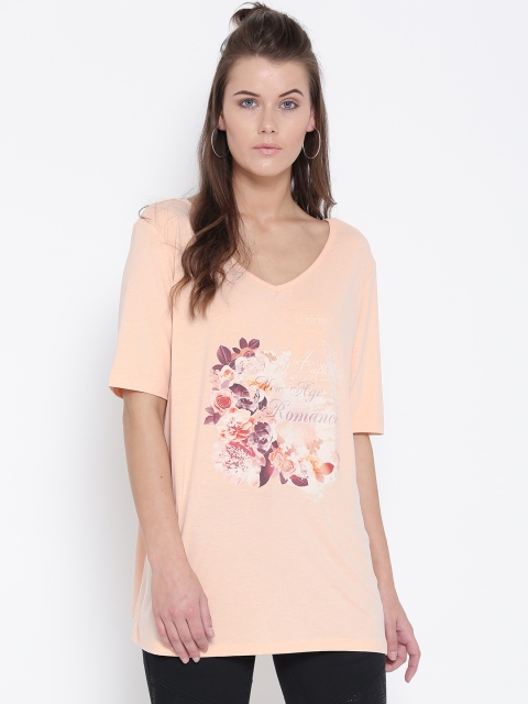 

JUNAROSE Plus Size Women Peach-Coloured Printed V-Neck Longline T-shirt