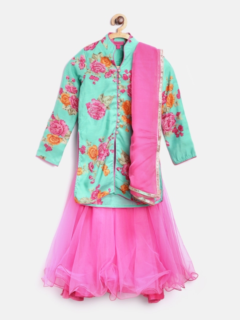 

Biba Girls Green & Pink Floral Print Kurta with Skirt & Dupatta