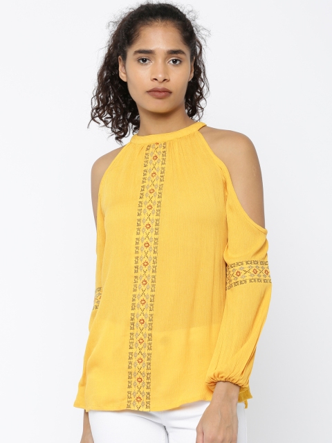 

Roadster Women Yellow Self Design Top
