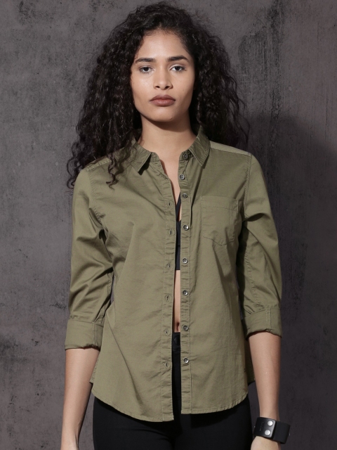 

Roadster Women Olive Green Solid Casual Shirt