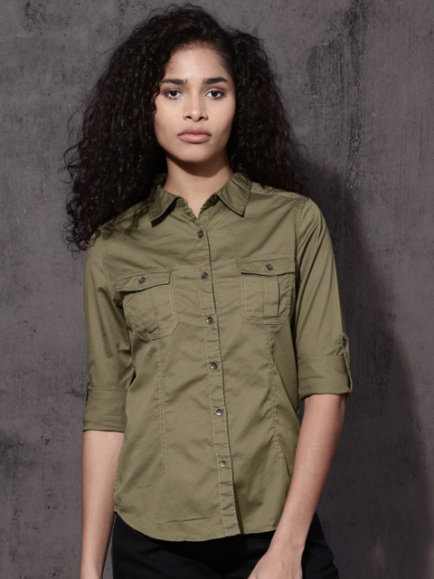 

Roadster Women Olive Green Regular Fit Solid Casual Shirt