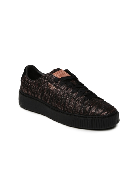 

Puma Women Black & Copper-Toned Basket Platform VR Woven Design Sneakers