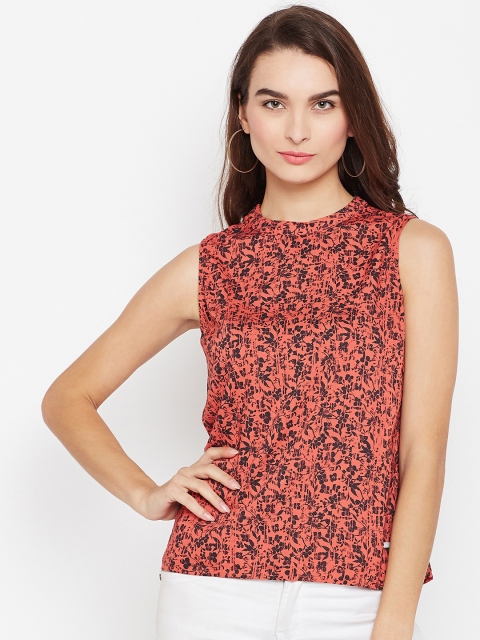 

Pepe Jeans Women Coral Orange & Black Floral Print A-Line Top