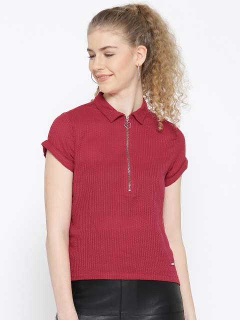 

Pepe Jeans Women Maroon Solid Polo Collar T-shirt