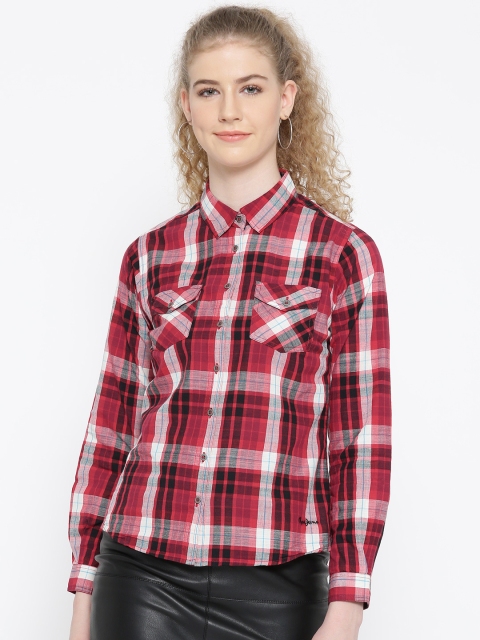 

Pepe Jeans Women Red & White Regular Fit Checked Casual Shirt