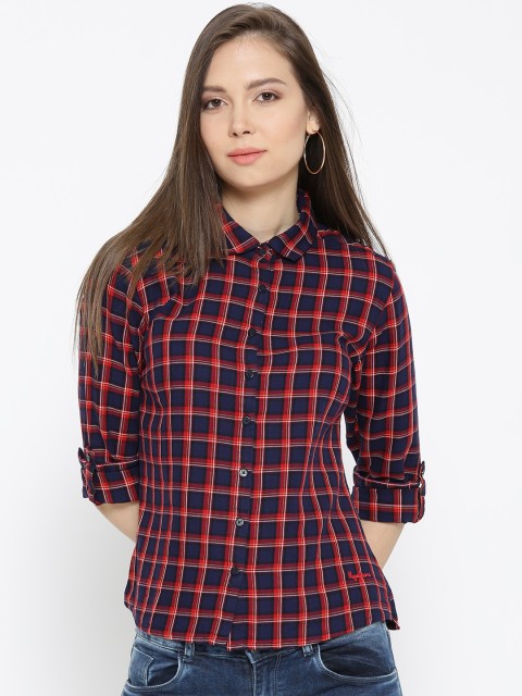 

Pepe Jeans Women Navy Blue & Red Slim Fit Checked Casual Shirt