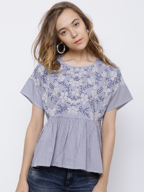 

Tokyo Talkies Women Blue Striped Pure Cotton Top