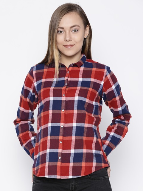

Pepe Jeans Women Red & Blue Regular Fit Checked Casual Shirt