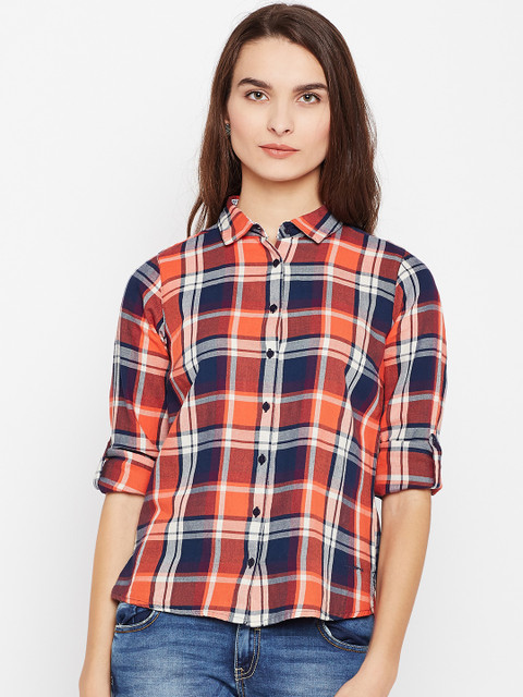 

Pepe Jeans Women Navy & Orange Regular Fit Checked Casual Shirt, Navy blue