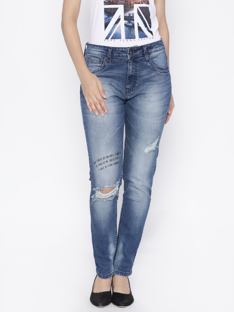 

Pepe Jeans Women Blue Vagabond Regular Fit Mid-Rise Highly Distressed Stretchable Jeans