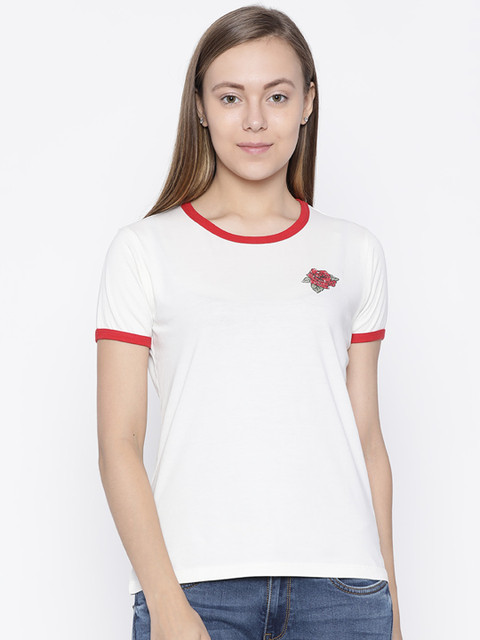 

Pepe Jeans Women Off-White Solid Round Neck Pure Cotton T-shirt