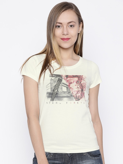 

Pepe Jeans Women Off-White Printed Round Neck Pure Cotton T-shirt