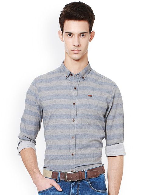 

People Men Grey Slim Fit Striped Casual Shirt