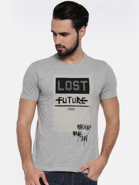 

People Men Grey Melange Printed Round Neck T-shirt