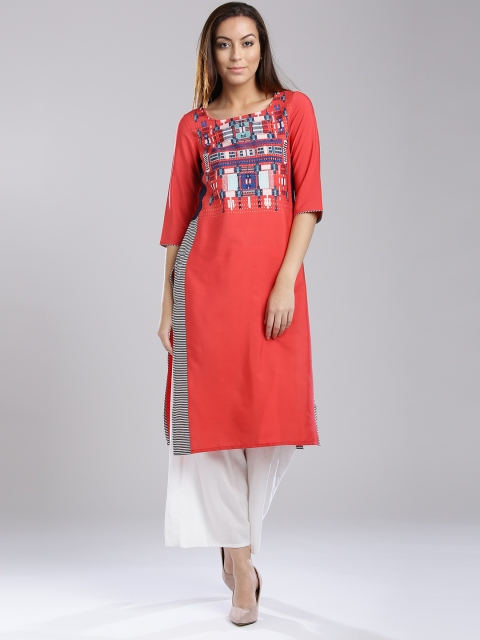 

W Women Coral Red Printed Straight Kurta