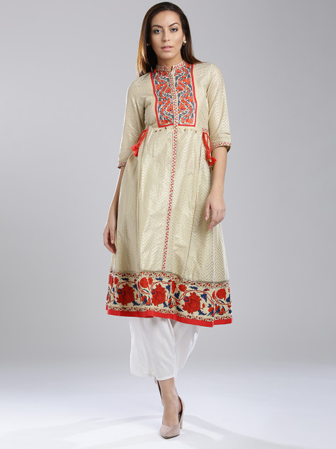

W Women Beige & Gold-Toned Printed A-Line Kurta
